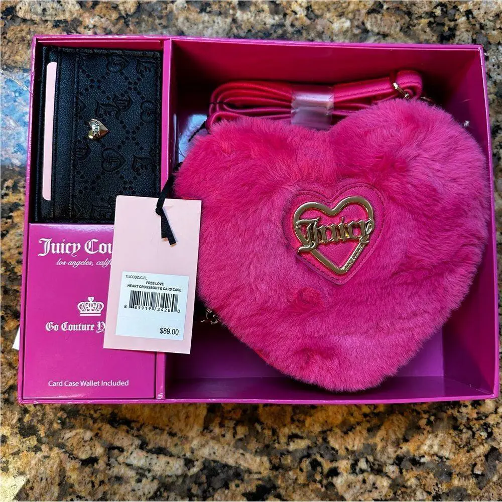 Juicy Couture Hot Pink Mini Fur Heart Purse Credit Card Holder Set