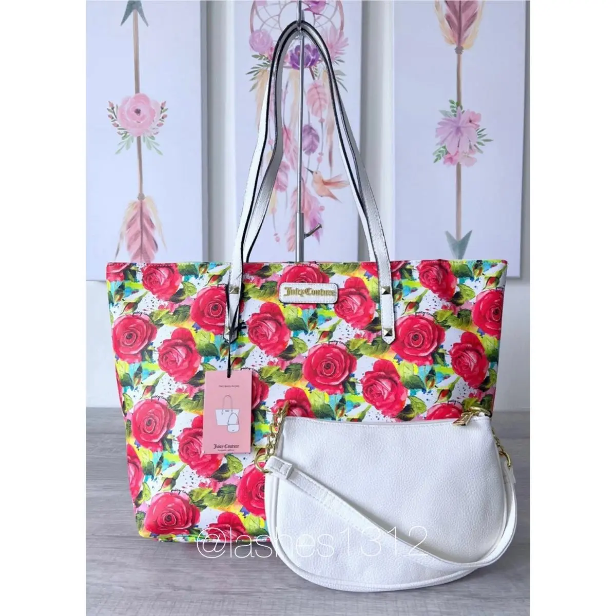 Juicy Couture Tote and Shoulder Bag Set - White Red Roses