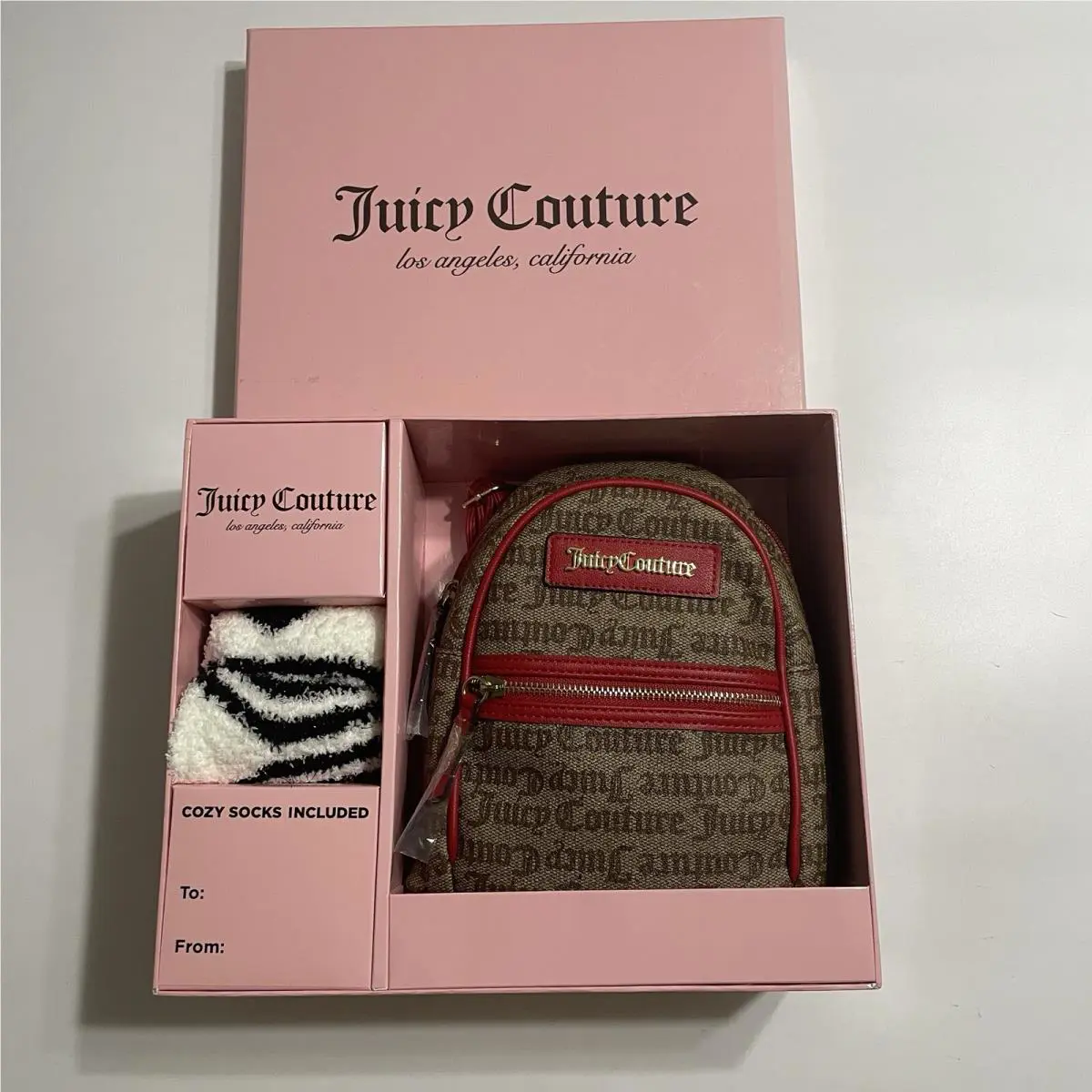 Juicy Couture Brown Red Mini Backpack Socks 7.5 W x 9 Gift Box Set