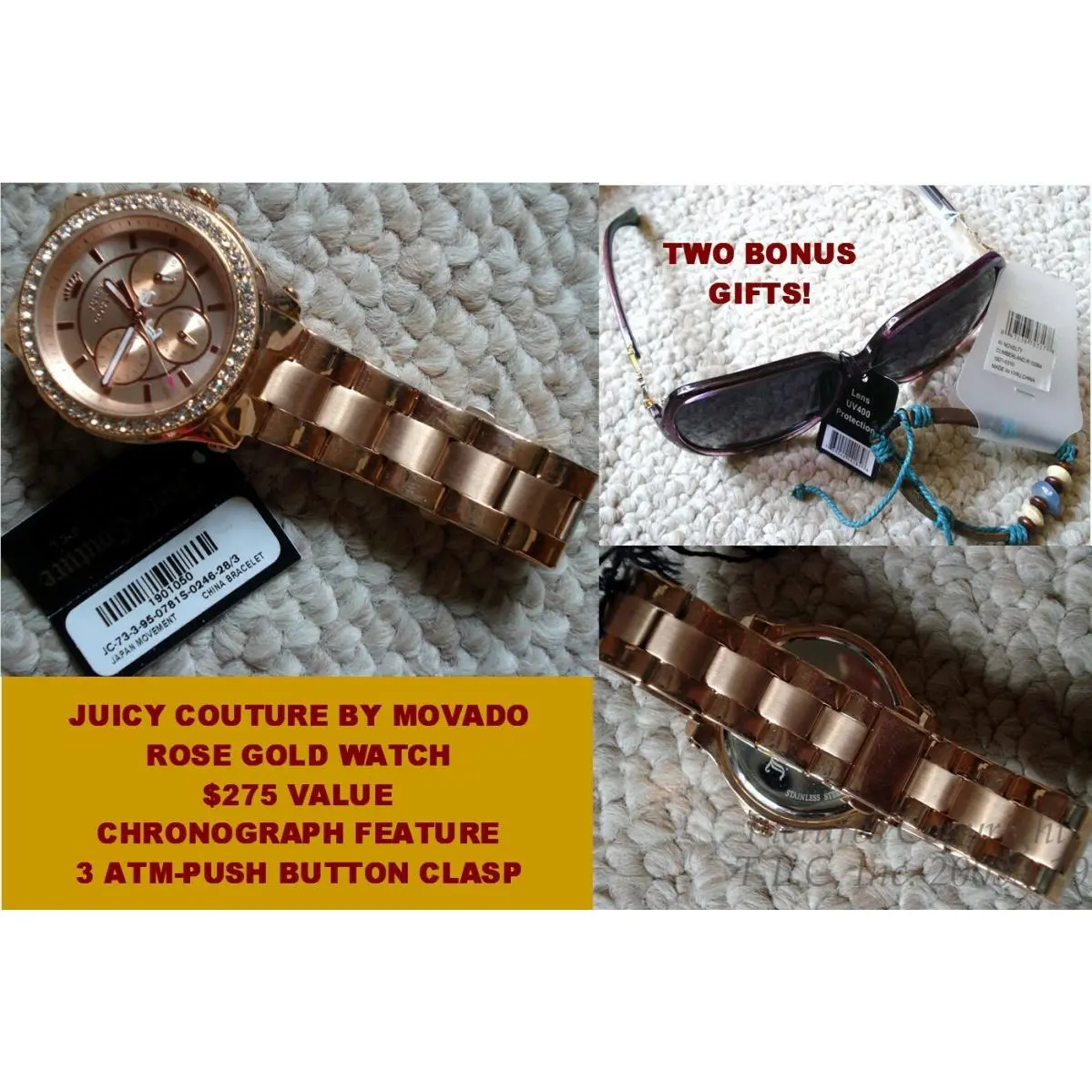 Nwt/new  1901050 Rose Gold Chrono Style Watch by Movado+bonus Gift by Juicy Couture