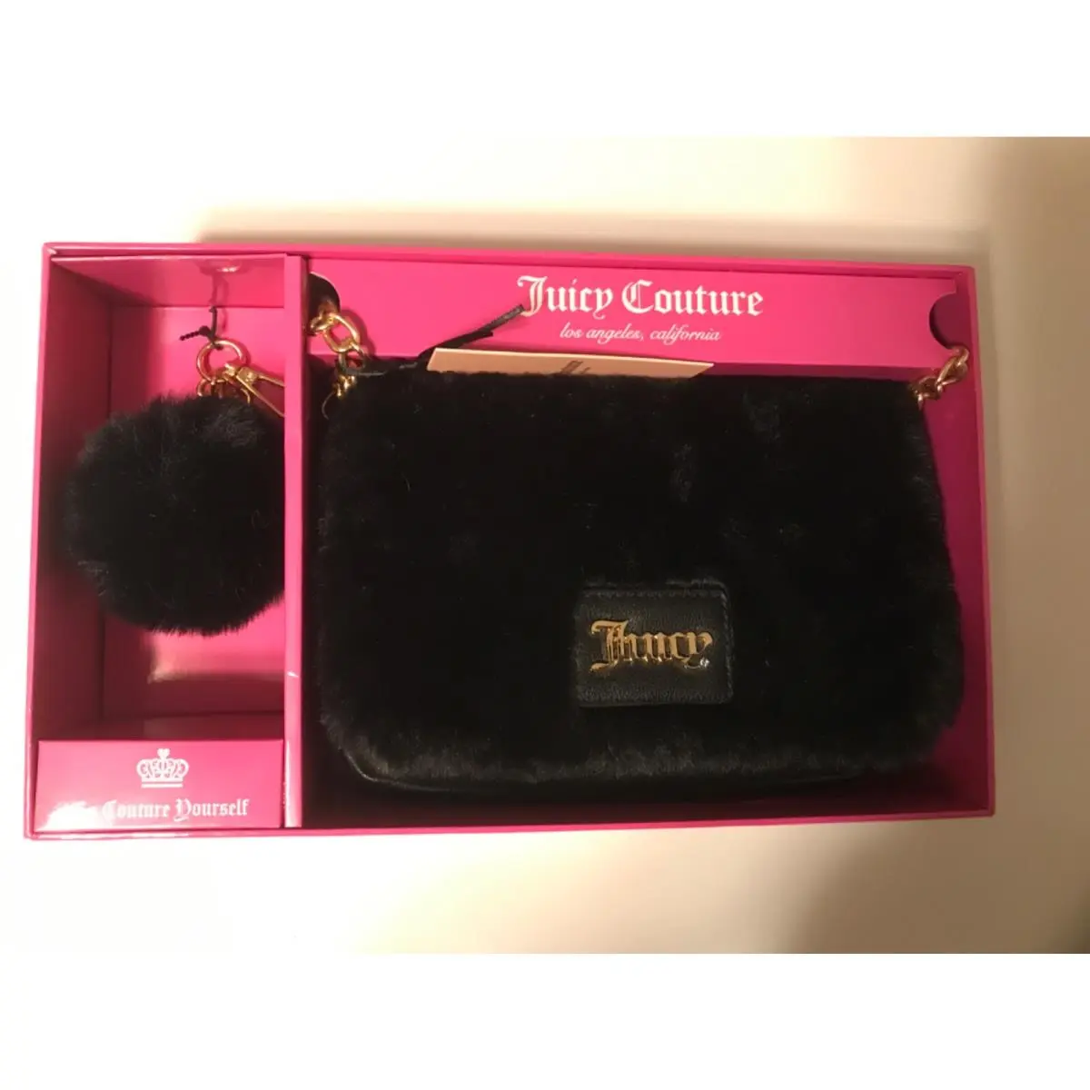 Juicy Couture Boxed Gift Set Crossbody Black Fur Keychain Tags