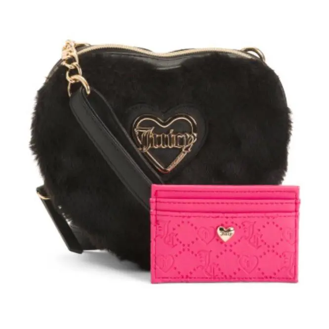Juicy Couture Liquorice Heart Crossbody Card Case Boxed Gift Set - Handle/Strap: Black, Hardware: Gold, Silver, Exterior: Black