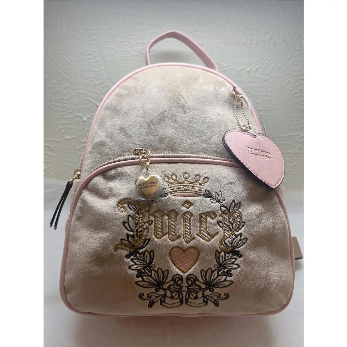 Juicy Couture Pink Powder Blush Heritage Embroidered Velour Bag Backpack
