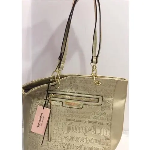 Juicy Couture Word Play Leather Logo Tote Handbag Gold Embossed