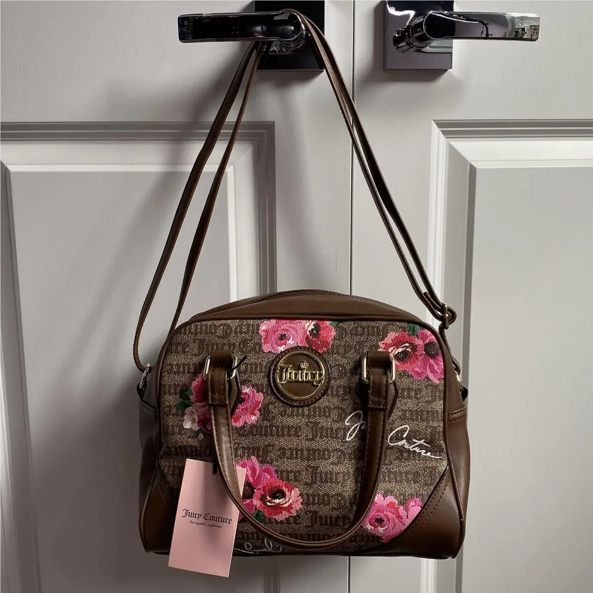 Juicy Couture If The Crown Fits Satchel Purse Hand Bag Brown Pink Floral