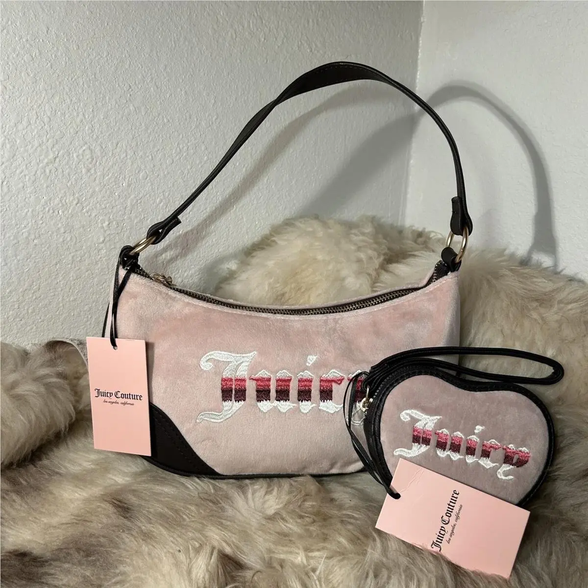 Juicy Couture Retro Vibe Shoulder Bag Wristlet Set - Dusty Blush Velour