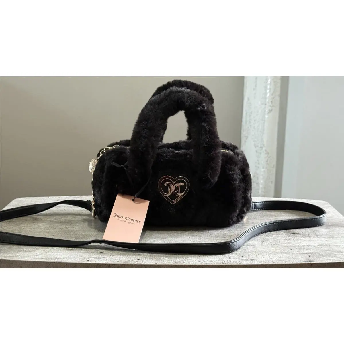 Juicy Couture Lets Get Cozy Fur Satchel Bag Black Licorice