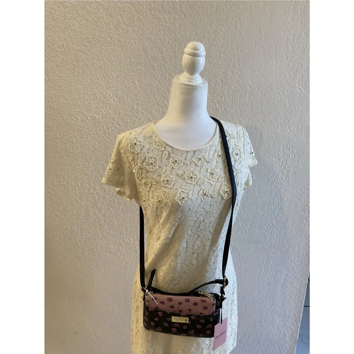 Juicy Couture Black Embossed Gothic Crossbody Bag Purse Logo Heart Floral Pouch