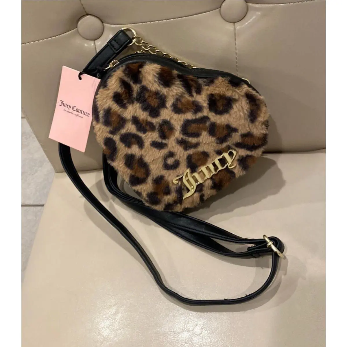 Juicy Couture Fur Leopard Change Of Heart Crossbody Gold Tone Juicy