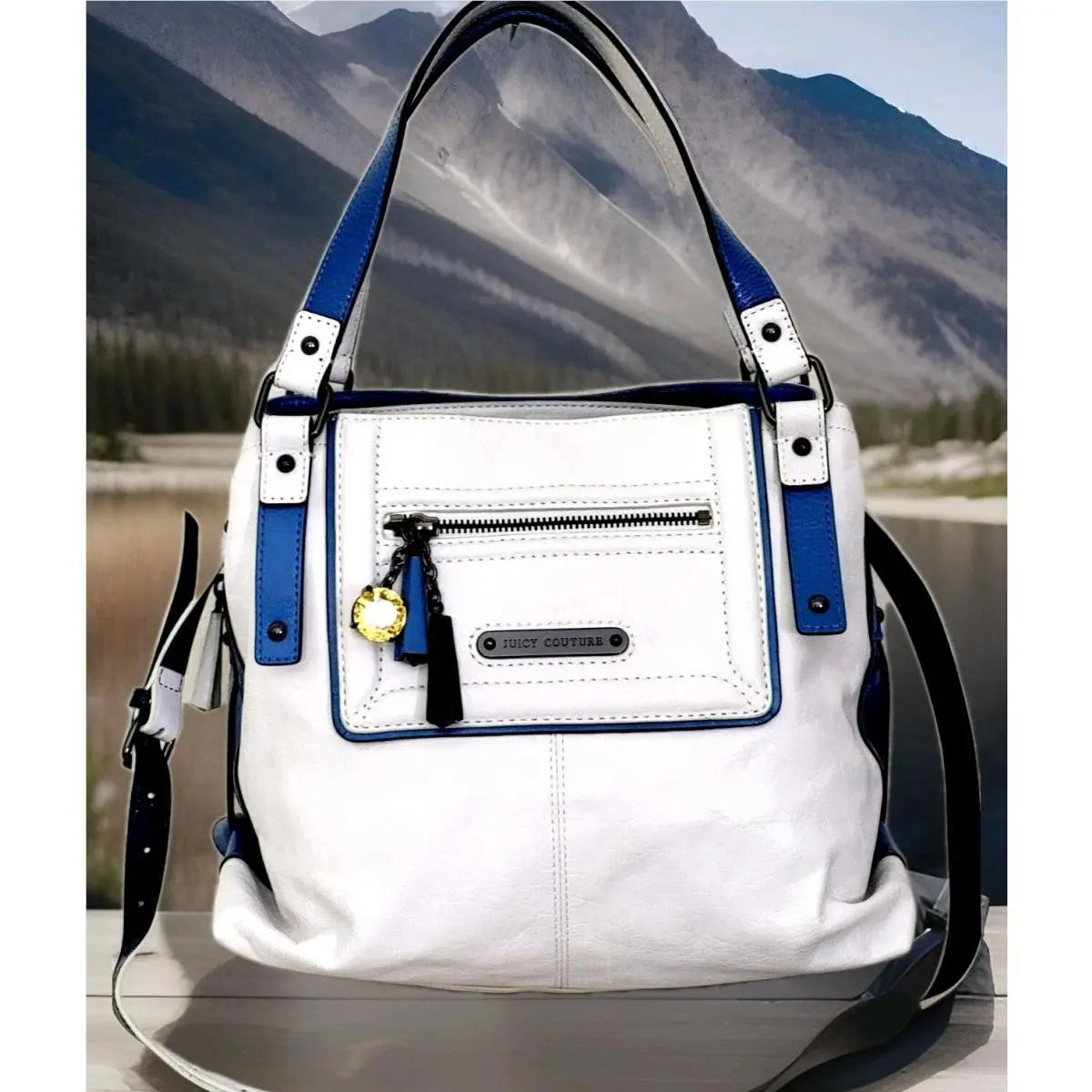 Juicy Couture Pippa Saturday Soiree White Blue Lthr Satchel Crossbody Bag