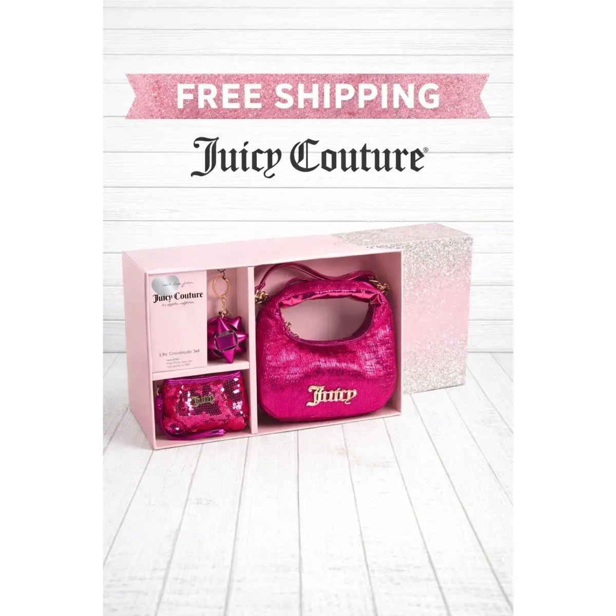 Juicy Couture 3-PC. Sequin Hobo Bag Mini Wristlet Mirror Keychain Gift Set