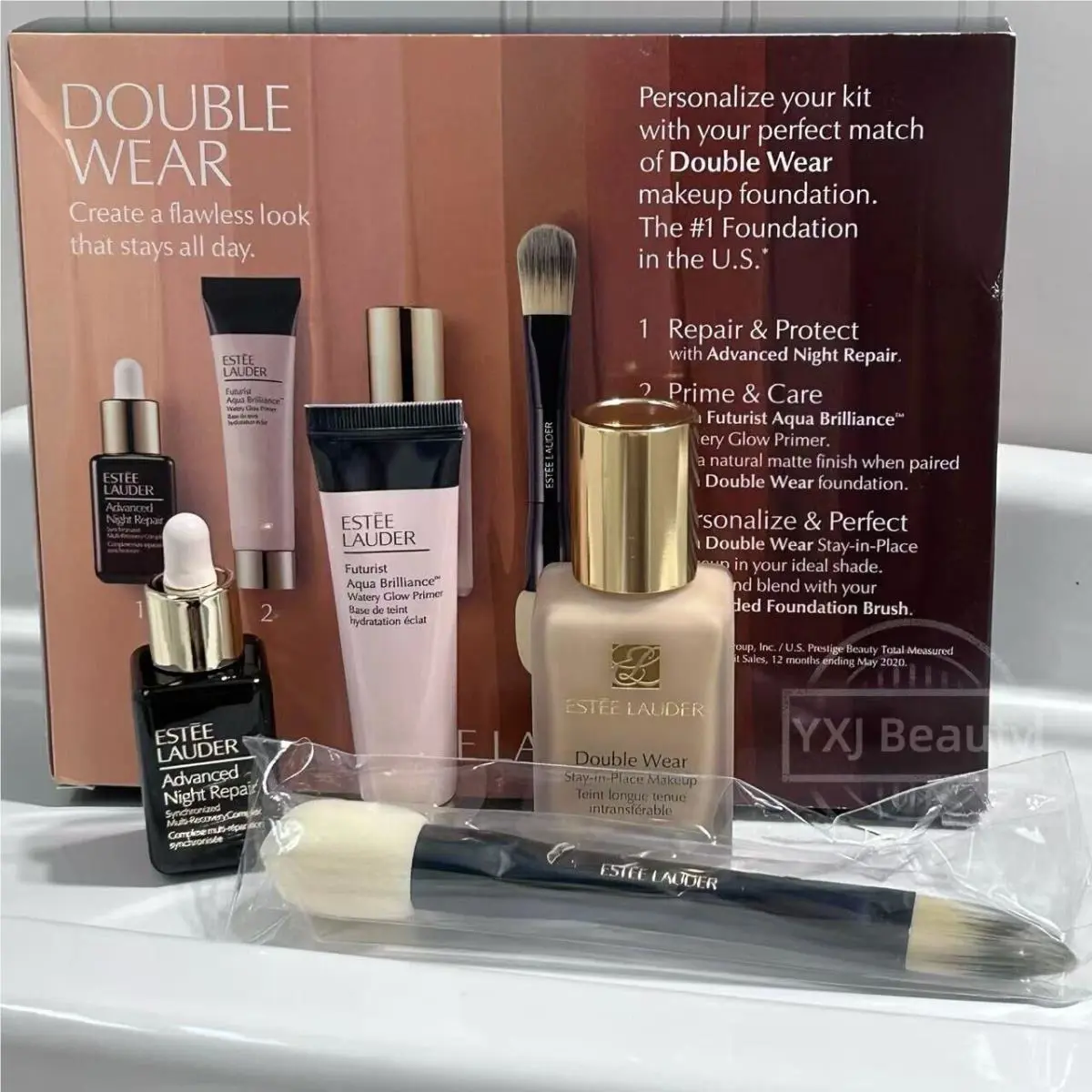 4PC Estee Lauder Double Wear Custom Set: Makeup Kit + Foundation 1W1 Bone