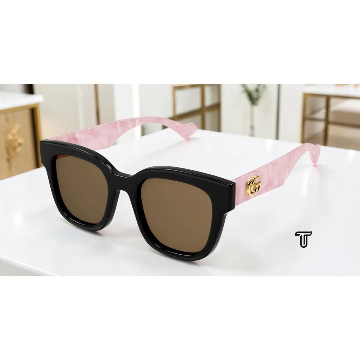 Gucci GG0998S 005 Rectangular Acetate Black Pink Brown 52 mm Women`s Sunglasses - Frame: Black, Lens: Brown