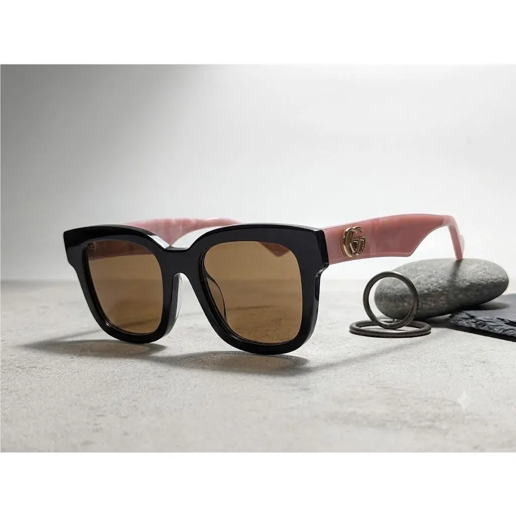 Gucci GG0998S-005 Black Pink Square Women Sunglasses Brown Lens - Frame: Black, Lens: Brown