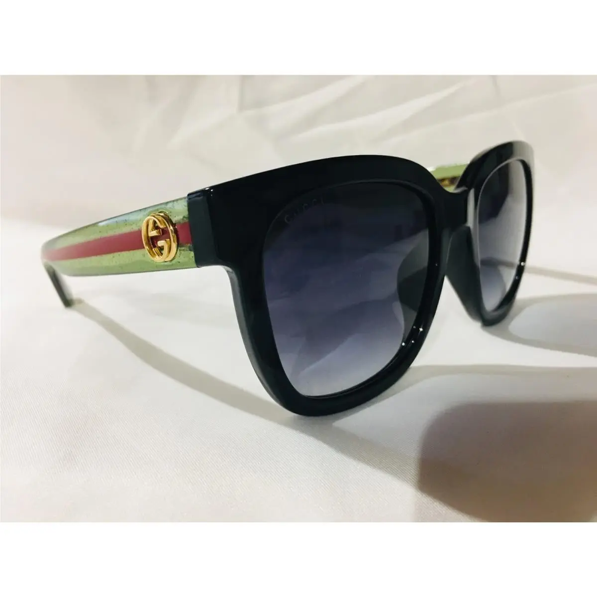 Gucci GG0034SN 002 Black Green Red Stripe Grey Sunglasses - Frame: Black, Lens: Grey