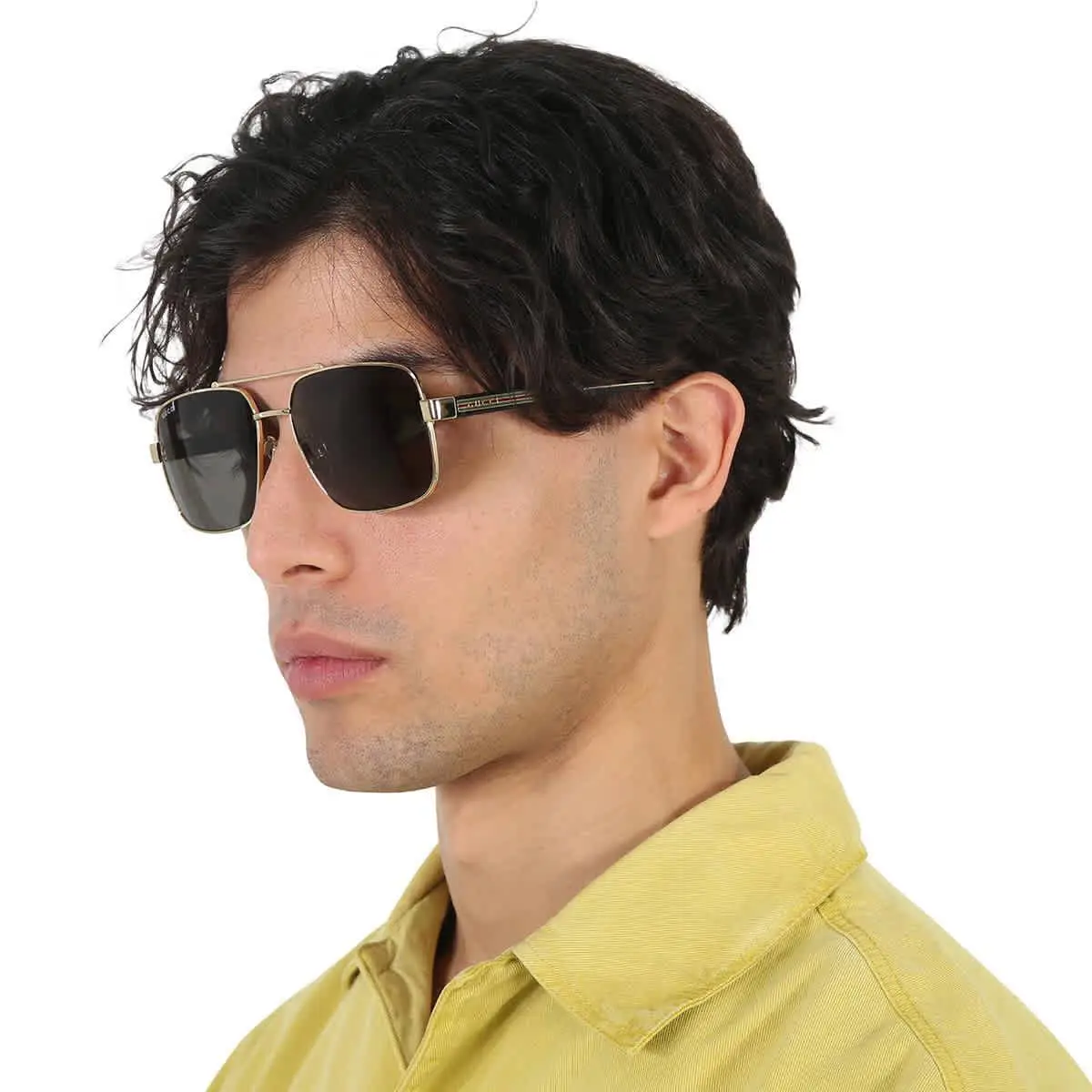 Gucci Grey Navigator Men`s Sunglasses GG0529S 001 60 GG0529S 001 60 - Gold, Frame: Gold, Lens: Gray