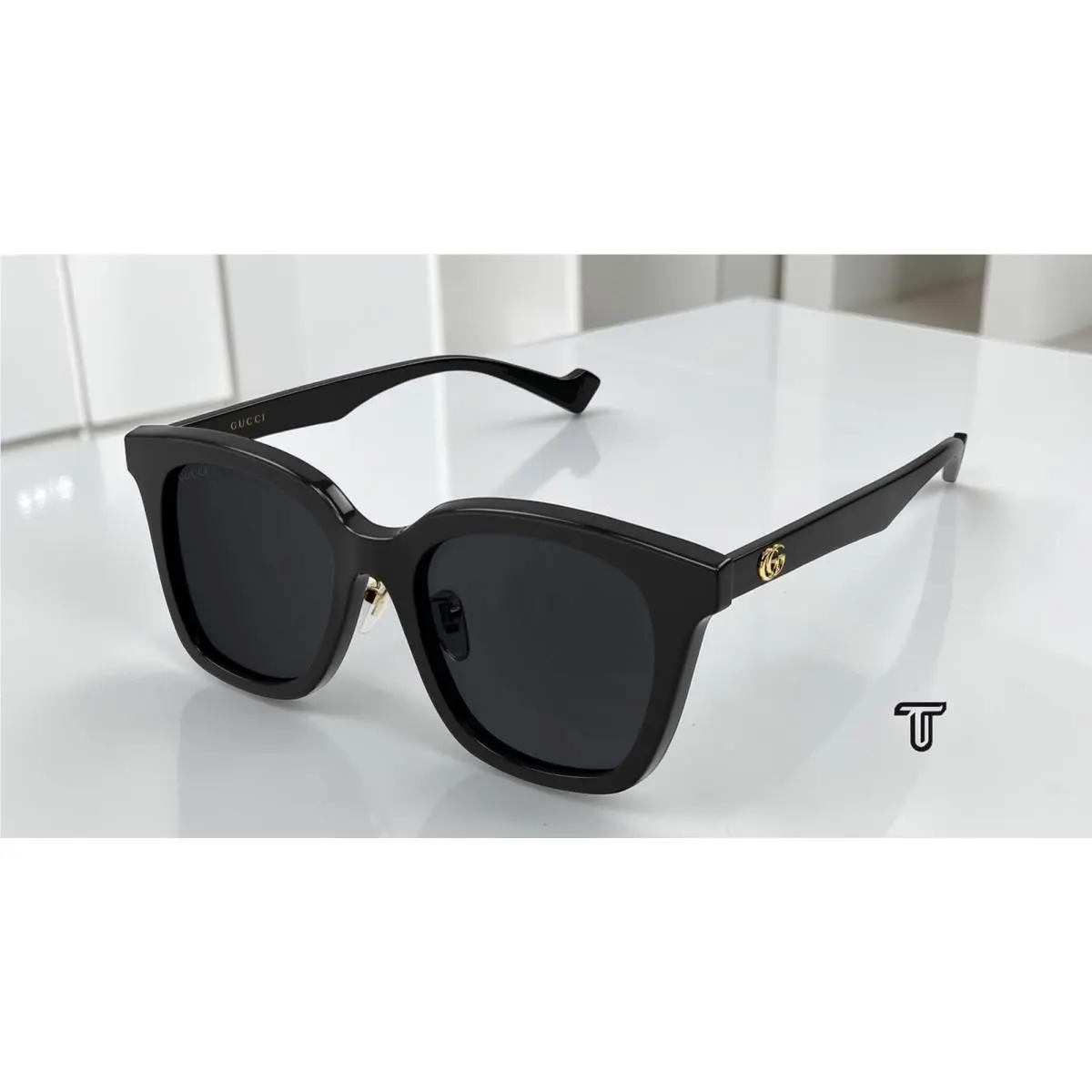 Gucci GG1000SK 001 Rectangular Square Black Shiny Grey 55 mm Women`s Sunglasses