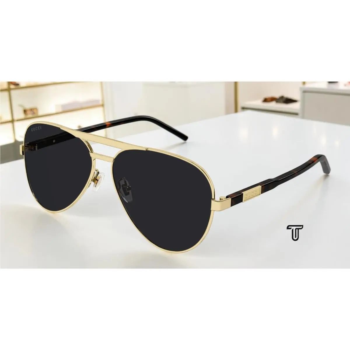 GG1163S 001 Pilot Navigator Metal Gold Havana Grey 60 mm Men`s Sunglasses by Gucci