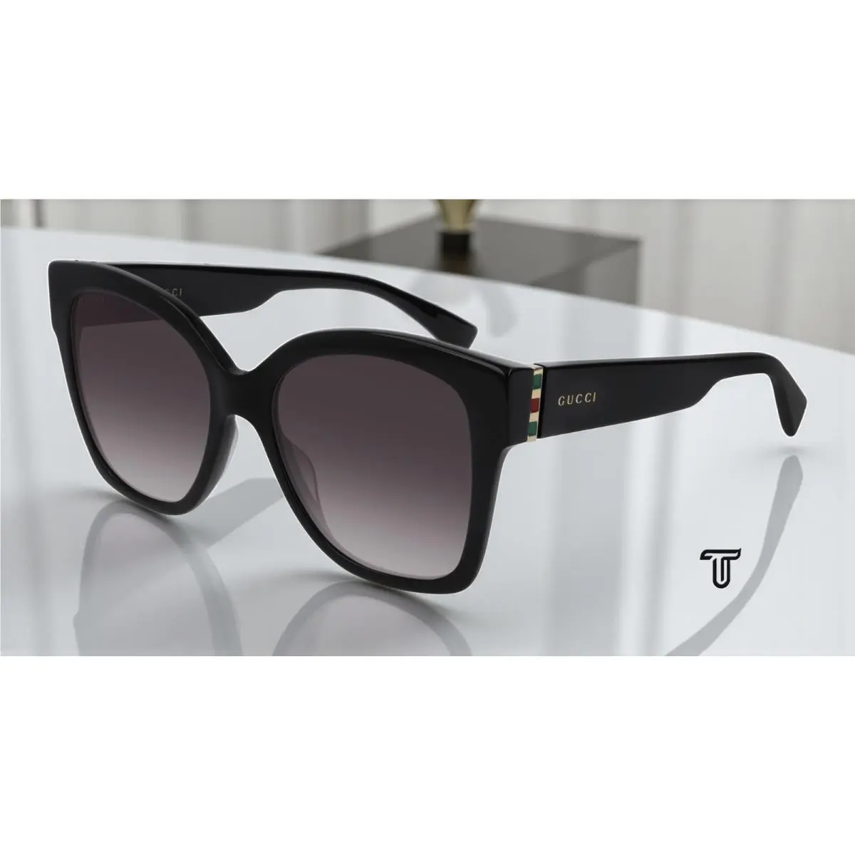 Gucci GG0459S 001 Rectangular Square Black Black Gold Grey 54 Women`s Sunglasses - Frame: Black, Lens: Gray