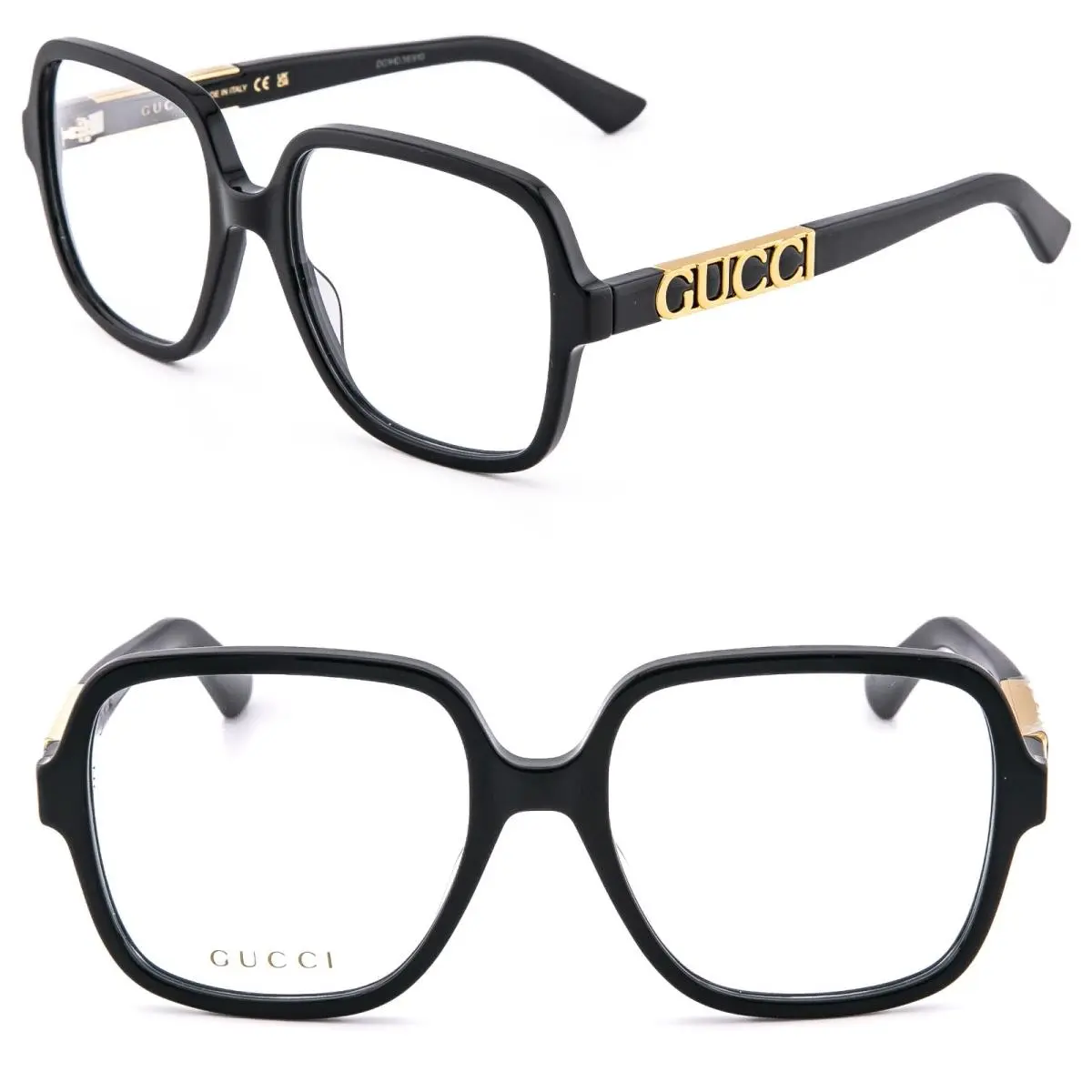 Gucci GG1193O 1193 Black Gold Logo Geometric Bold Eyeglass Optical 56mm 001