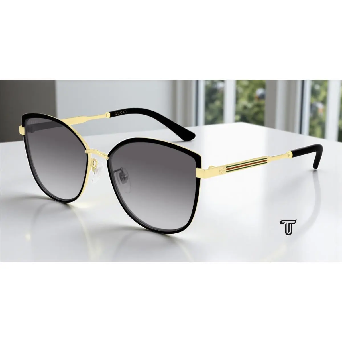 Gucci GG0589SK 001 Square Black Shiny Gold Grey 57 mm Women`s Sunglasses