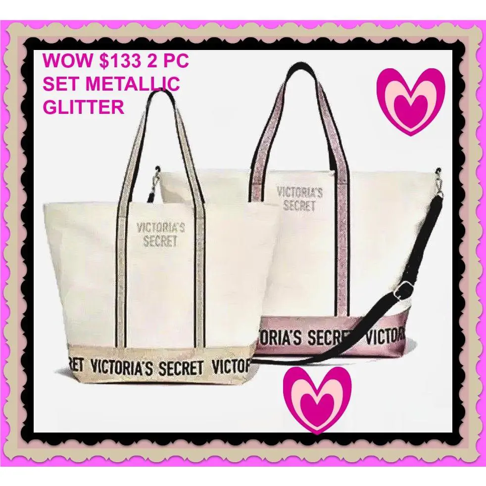 Victoria`s Secret VS Gold Tote Pink Weekender Bag Sparkle Glitter Metallic Bling 2 PC Set