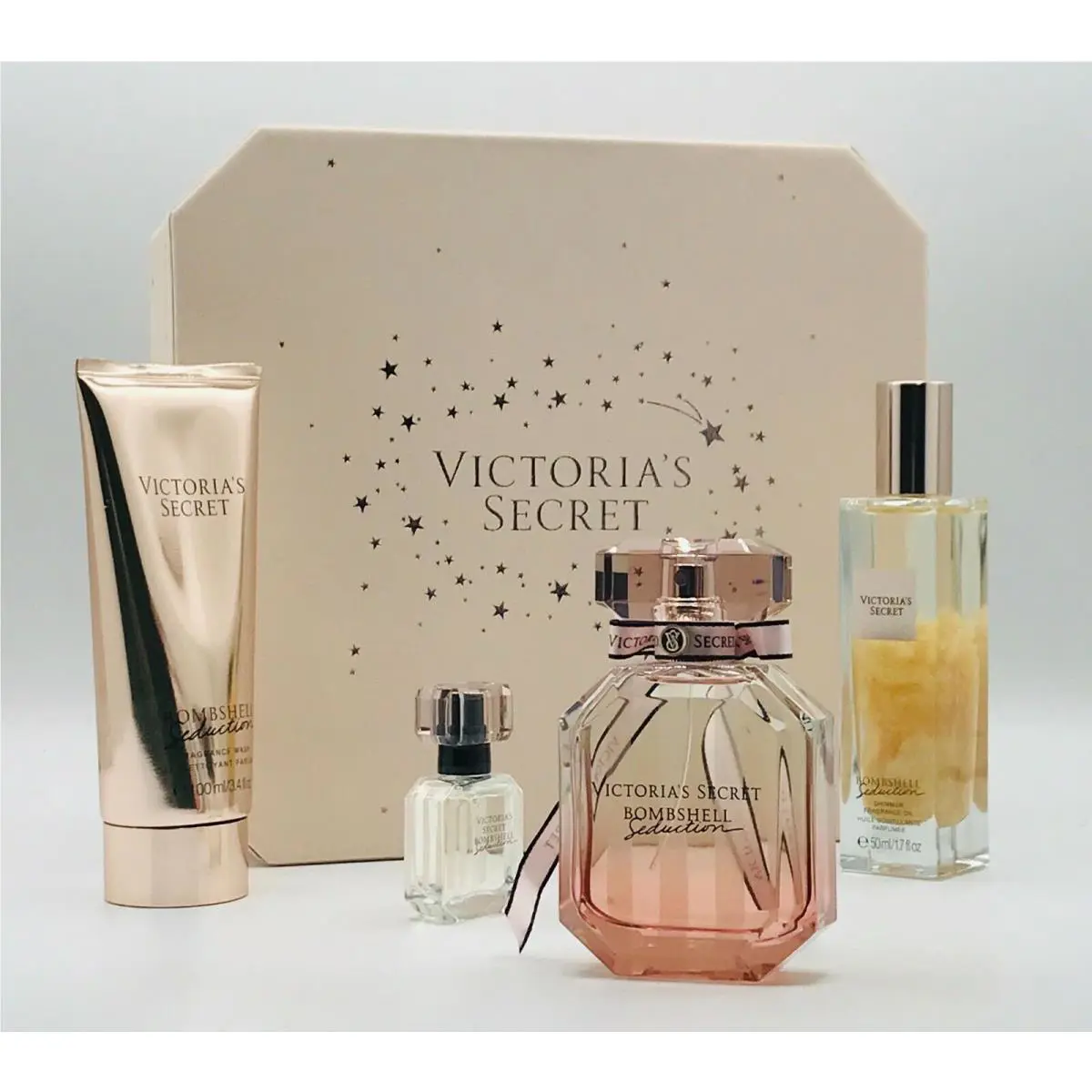 Victoria`s Secret Bombshell Seduction 4pc Set Parfum Spray 1.7 oz Mini Shower Gel Shimmer Oil