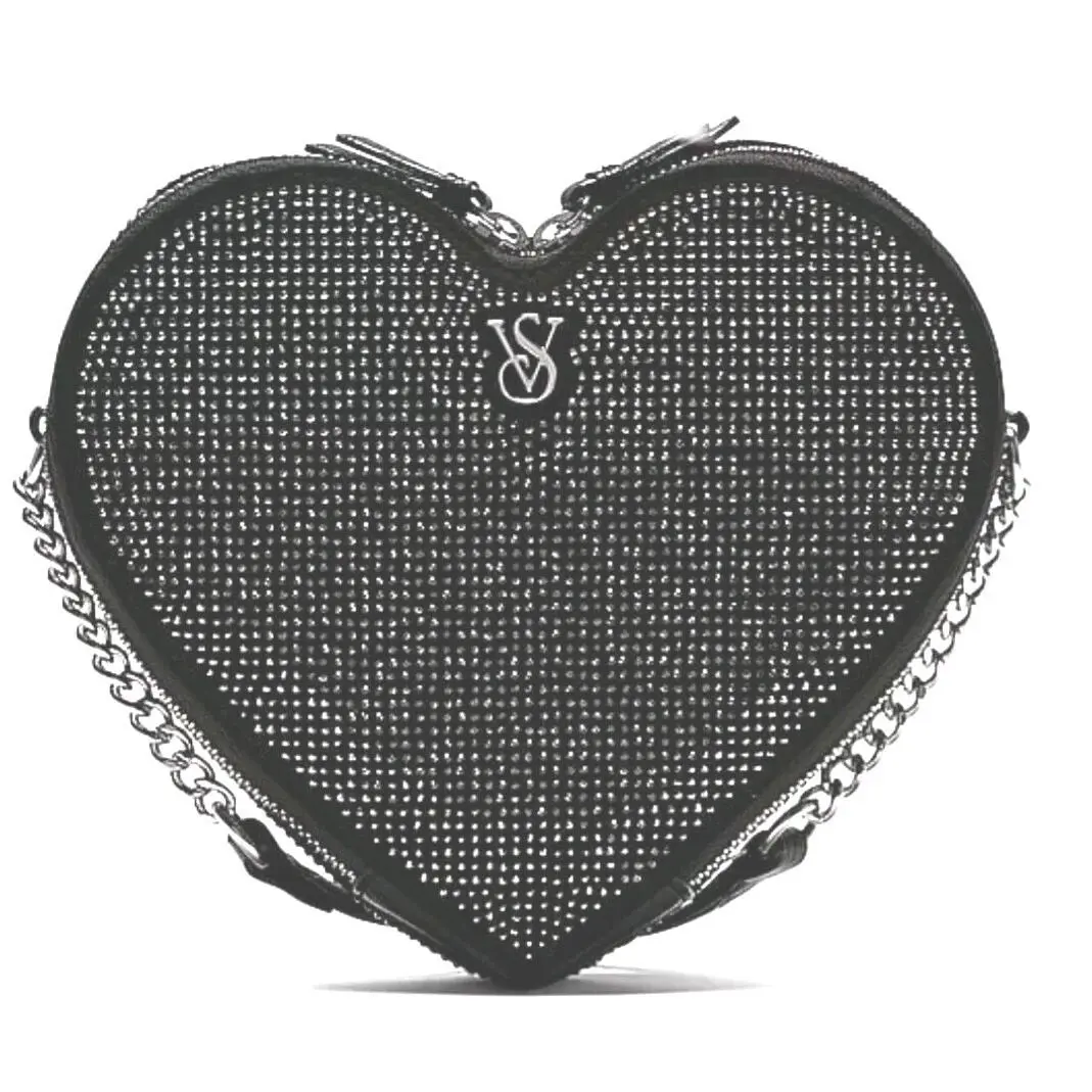 Victoria`s Secret Heart Shape Crossbody Bag. 2 Part Zipper. Black Rhinestone