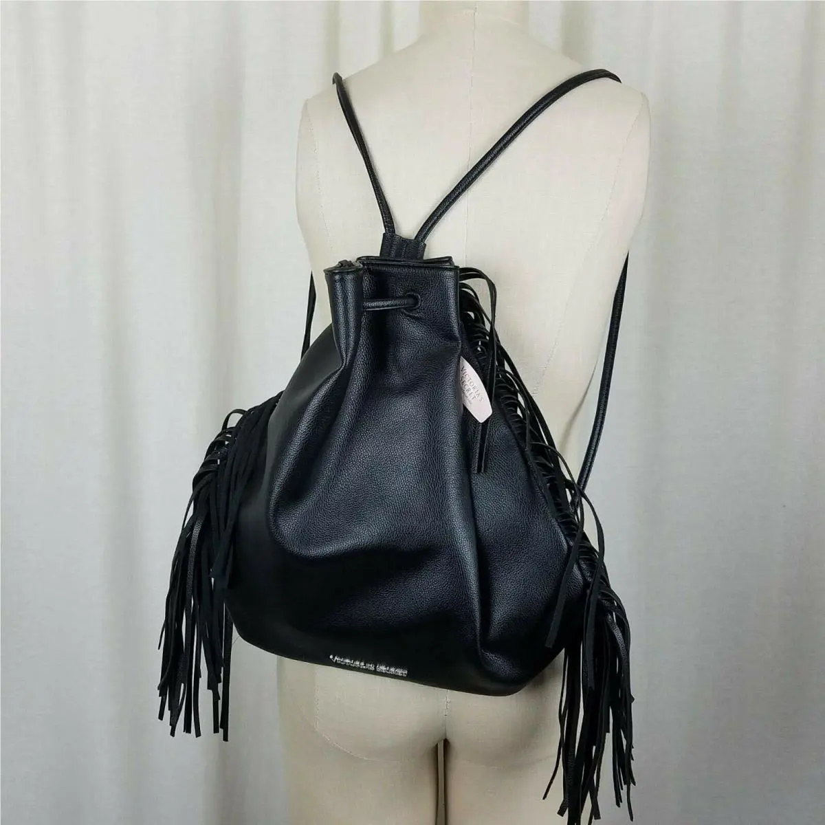 Victorias Secret Black Fringe Backpack Rucksack Cinch Bag Western Boho Biker