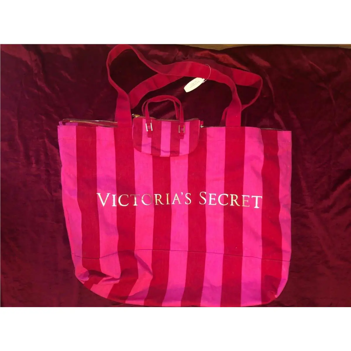 Victoria`s Secret Pink Red Stripe Canvas Tote/beach/shoulder Bag Nwot