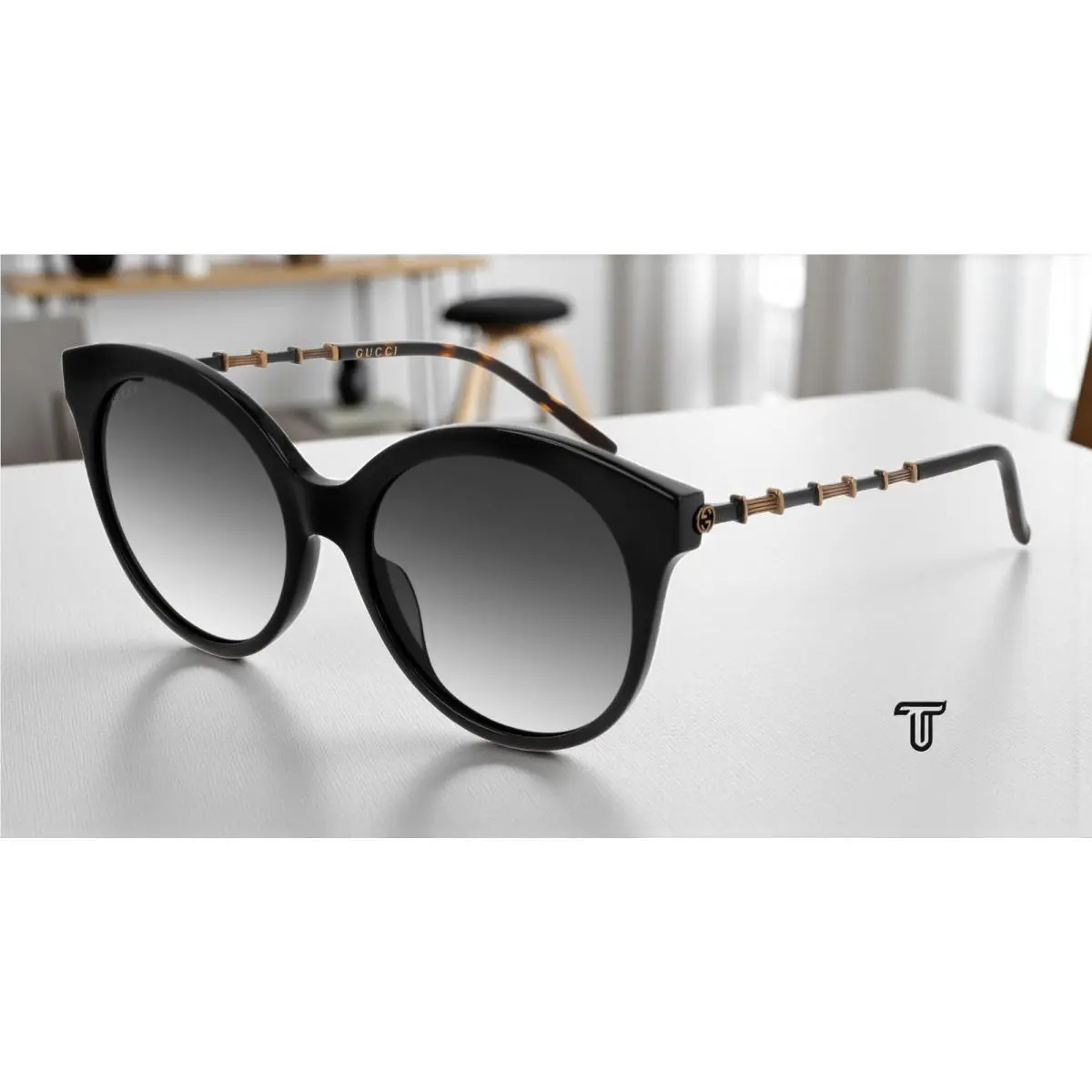 GG0653S 001 Round Oval Black Black Gold Grey 55 mm Women`s Sunglasses by Gucci