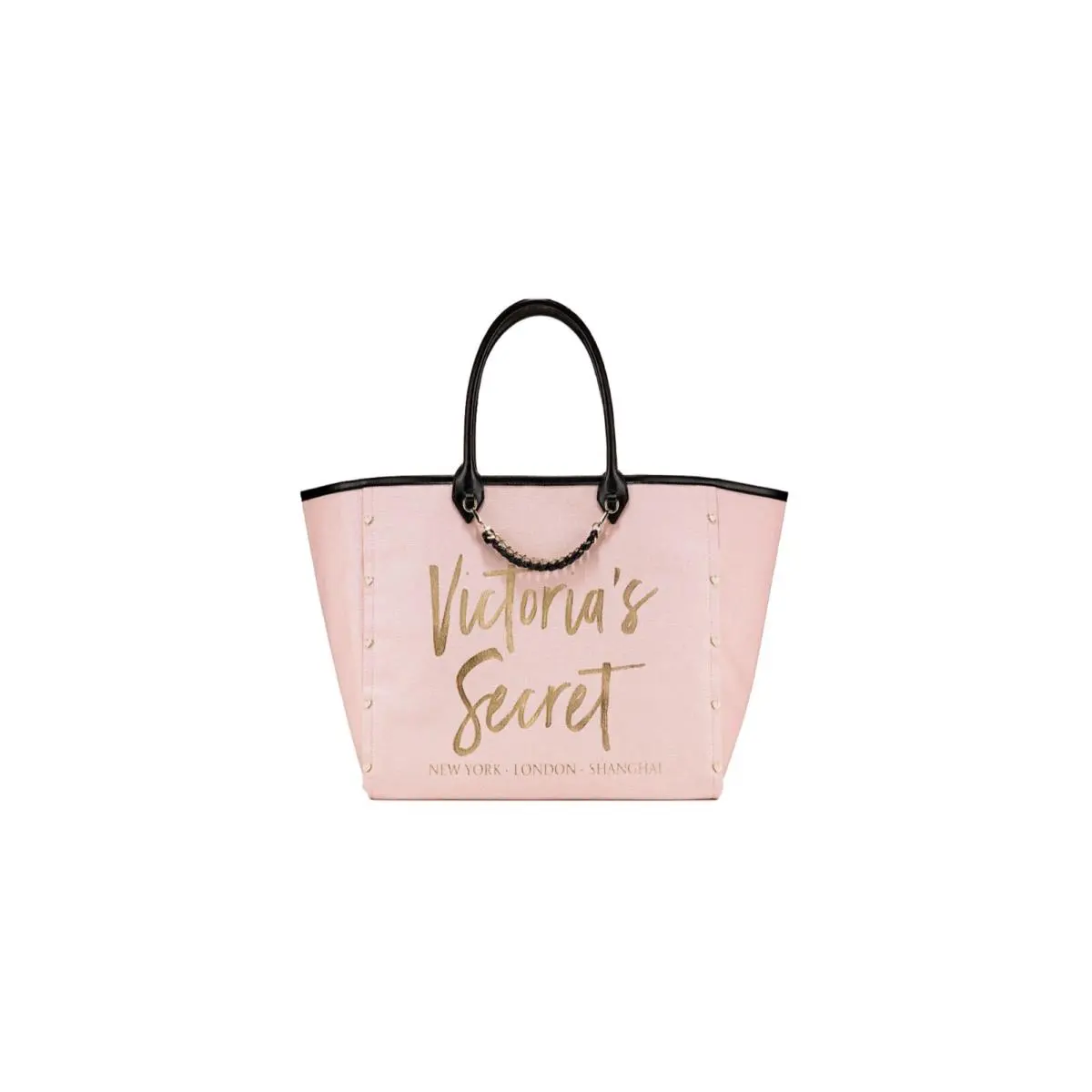 Victorias Secret Gold Chain Leather Black Handle Purse Bag Tote Off Pink Canvas - Pink, Exterior: Pink, Lining: Pink