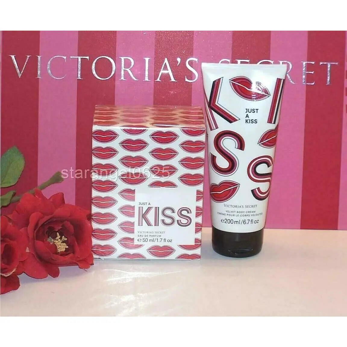 Victoria`s Secret Just a Kiss Perfume Parfum 1.7 oz Lotion Lot of 2