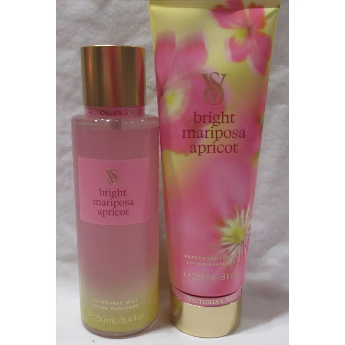 Victoria`s Secret Fragrance Mist Lotion Set Lot of 2 Bright Mariposa Apricot