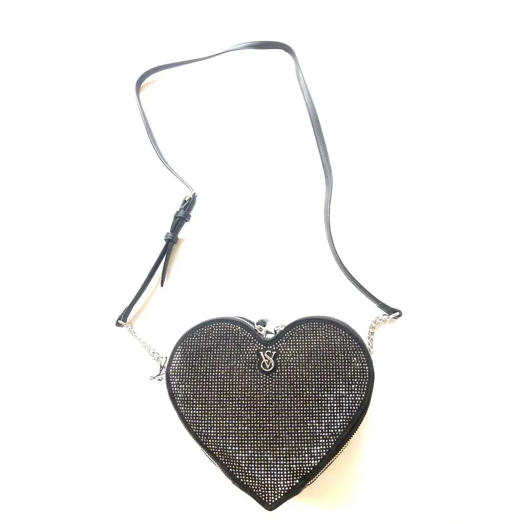 Victoria`s Secret Heart Shape Crossbody Bag Black Rhinestone - Handle/Strap: Black, Hardware: Silver-tone, Exterior: Black
