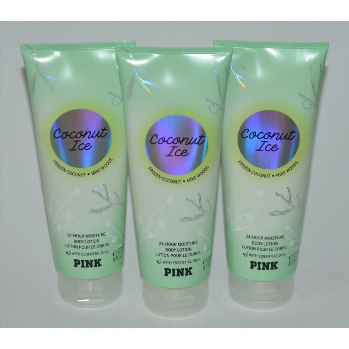 3 Victoria`s Secret Pink Coconut Ice Body Lotion Cream 8 OZ Frozen Mint Woods