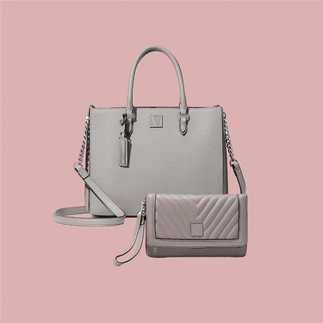Victoria’s Secret Structured Satchel Bag Wallet Gray W/tech Wristlet Set