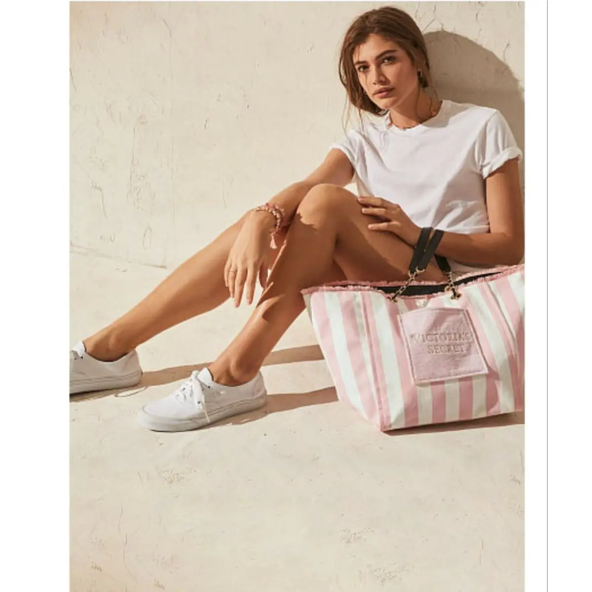 Victoria`s Secret Pink White Stripe Canvas Tote Weekender Beach Bag by Victoria's Secret