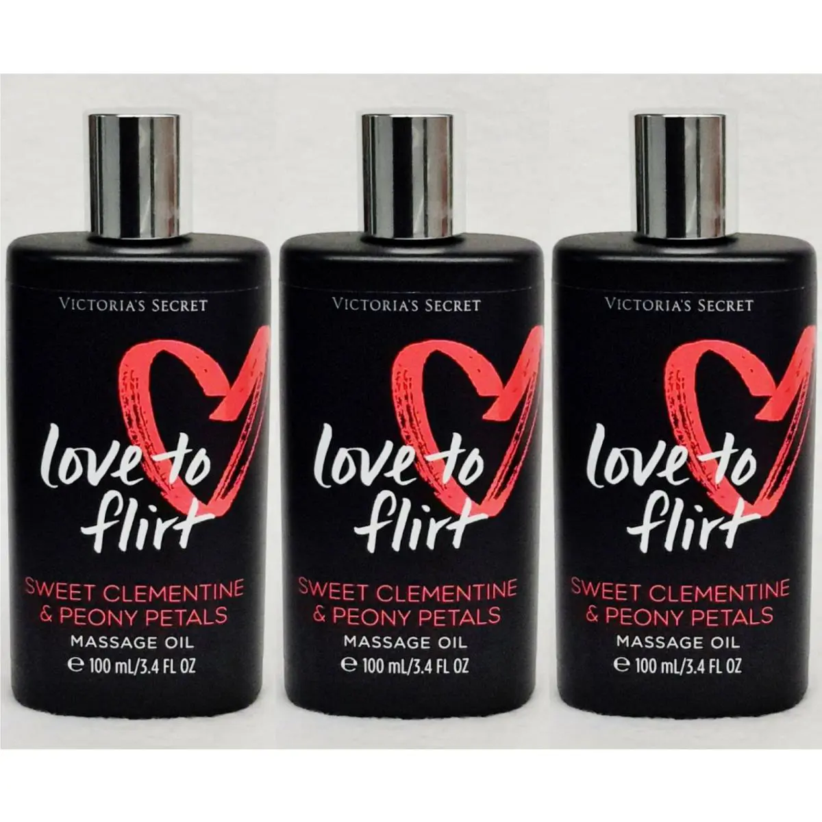 3 Victoria`s Secret Love TO Flirt Clementine Peony Body Massage Oil 3.4 oz Glass