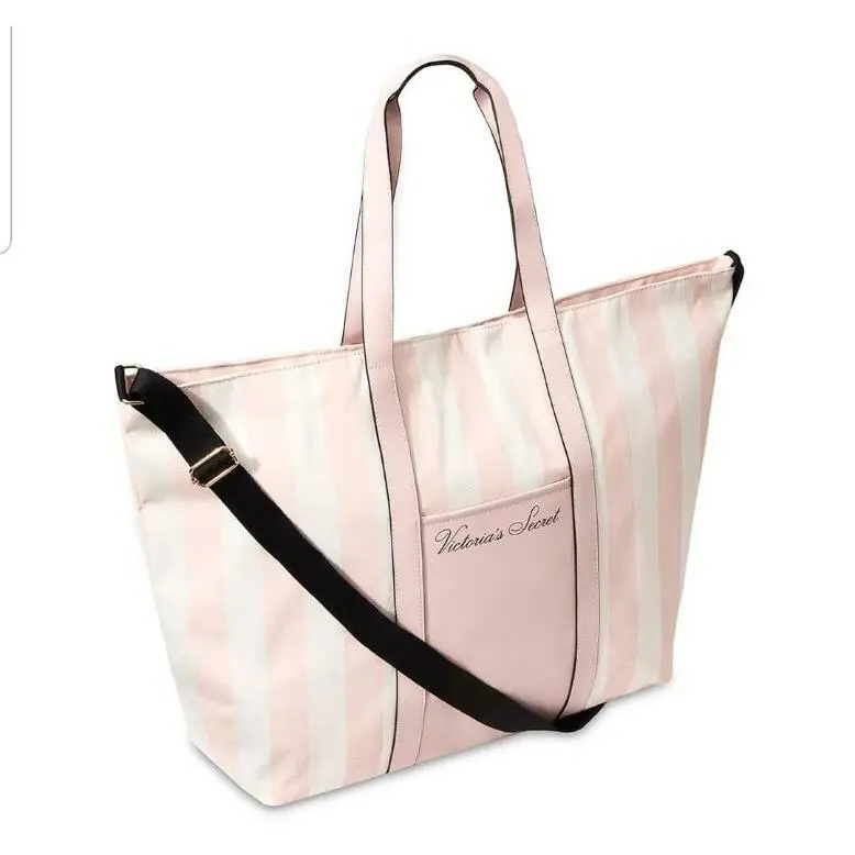 Victoria`s Secret Tote Bag Canvas Pink White Stripes W/big Pocket Long Strap - Lining: Pink, Handle/Strap: Pink, Hardware: Pink