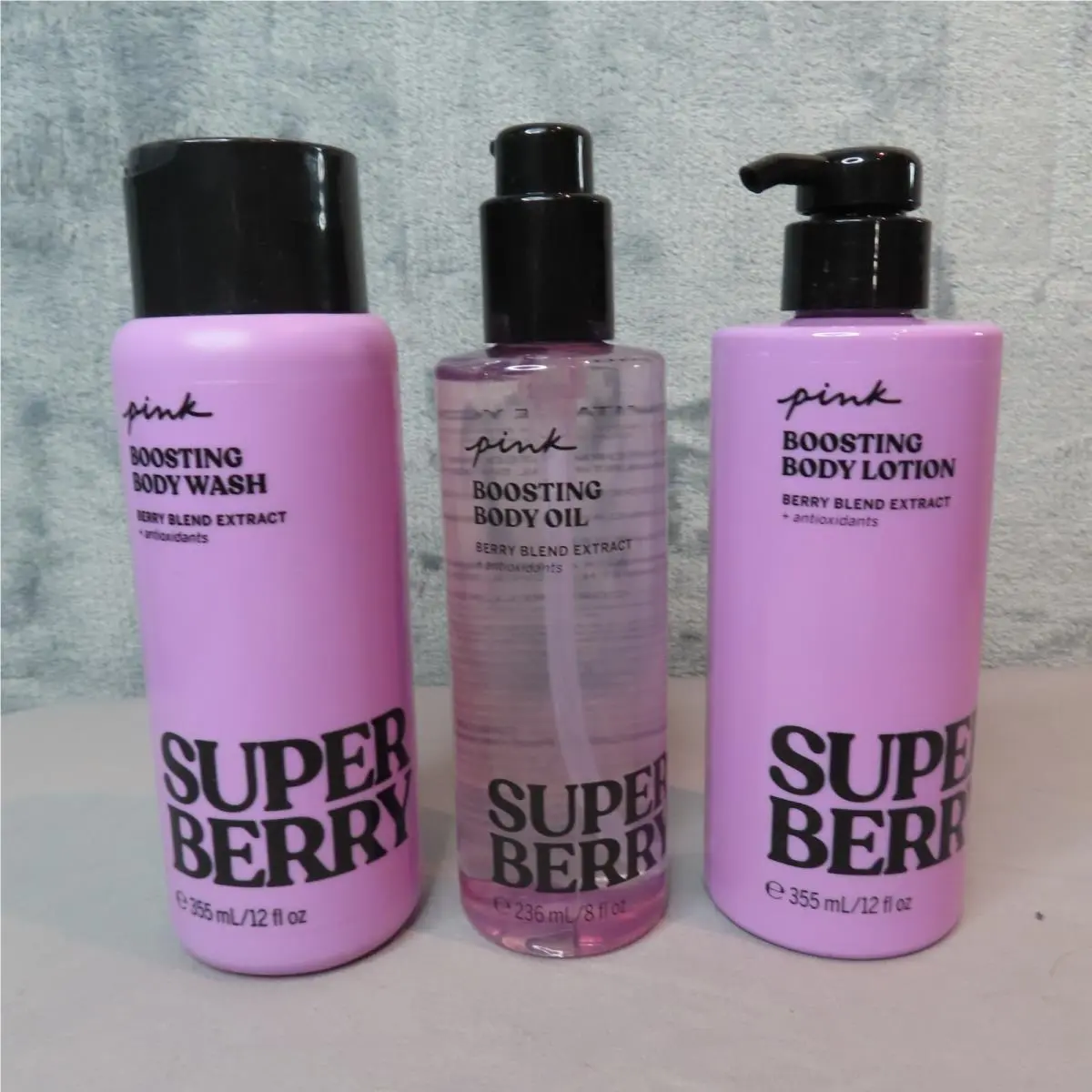 Victorias Secret Pink Super Berry Boosting Body Wash Oil Set 12oz 8oz 3pc