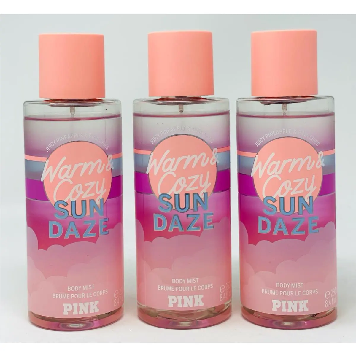Warm Cozy Sun Daze Victoria`s Secret Pink Fragrance Mist Body Perfume Set OF 3