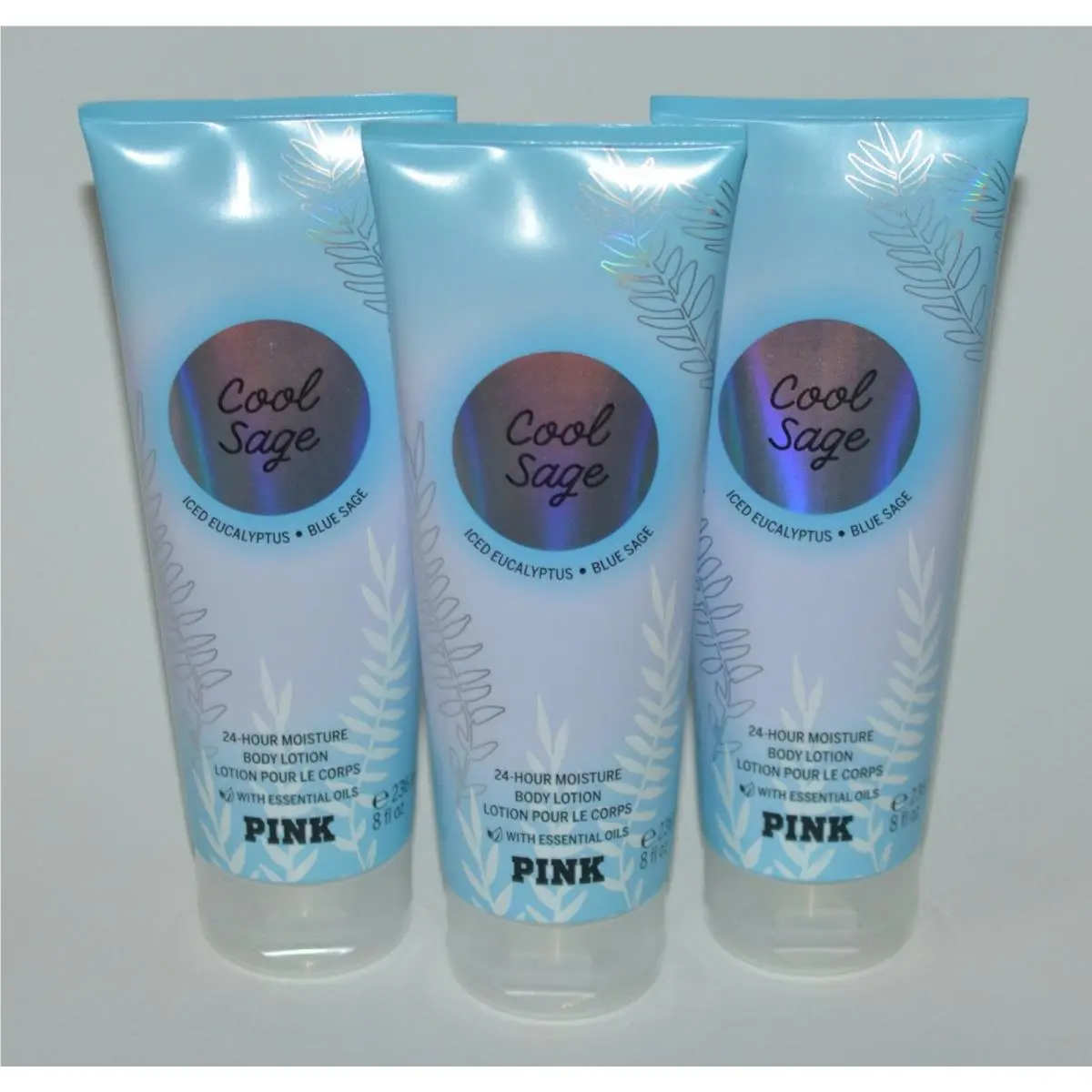 3 Victoria`s Secret Pink Cool Sage Body Lotion Cream 8 OZ Ice Eucalyptus Blue
