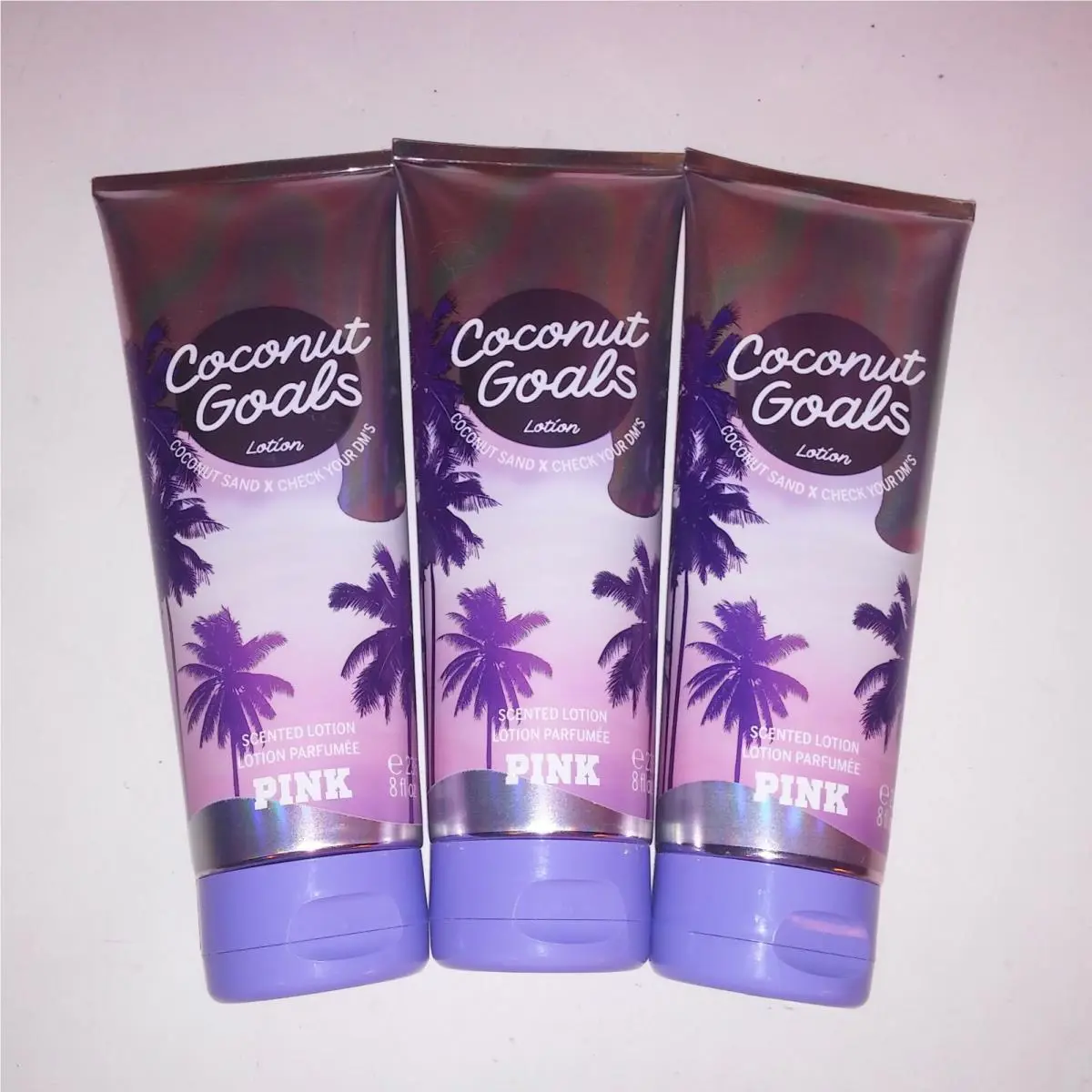 Set of 3 Victoria Secret Pink Lotion Coconut Goals Full Size 8oz Each Gift Set
