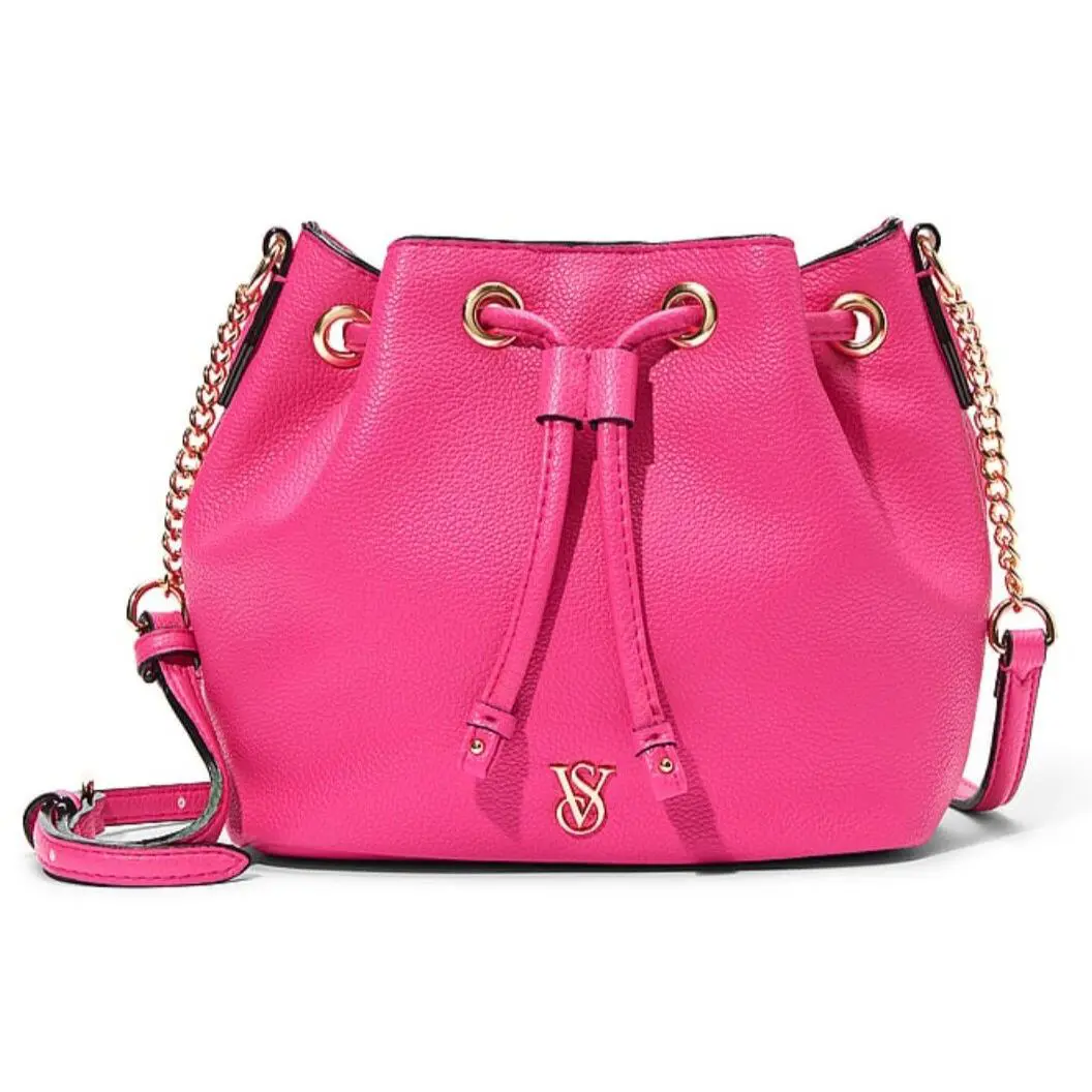 Victoria`s Secret Mini Bucket Crossbody Bag. Bold Pink - Handle/Strap: Pink, Hardware: Gold Tone, Exterior: Pink