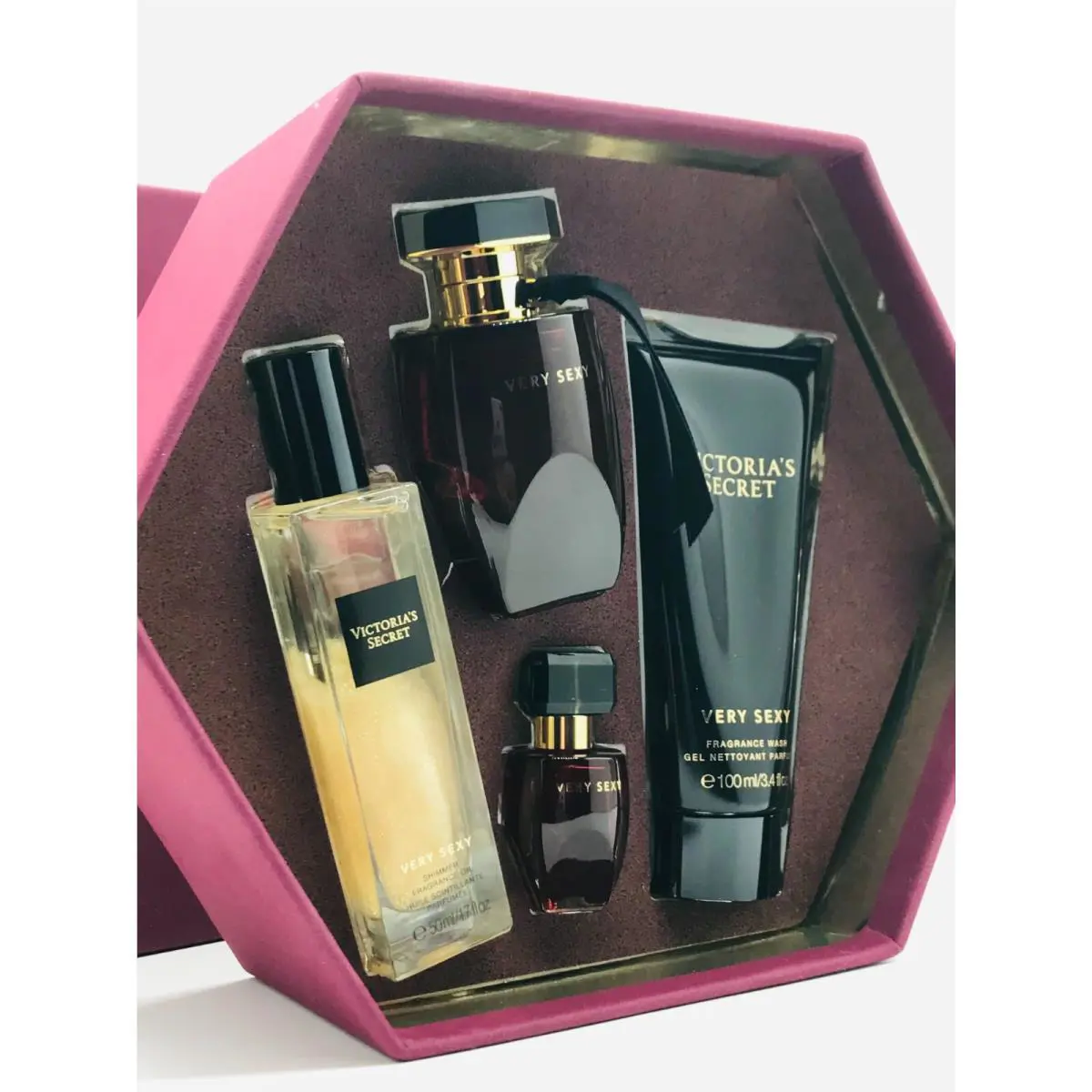 Victoria`s Secret Very Sexy 4pc Set Women Parfum Spray 1.7 oz Mini Spray Wash Gel 3.4 Shimmer Oil