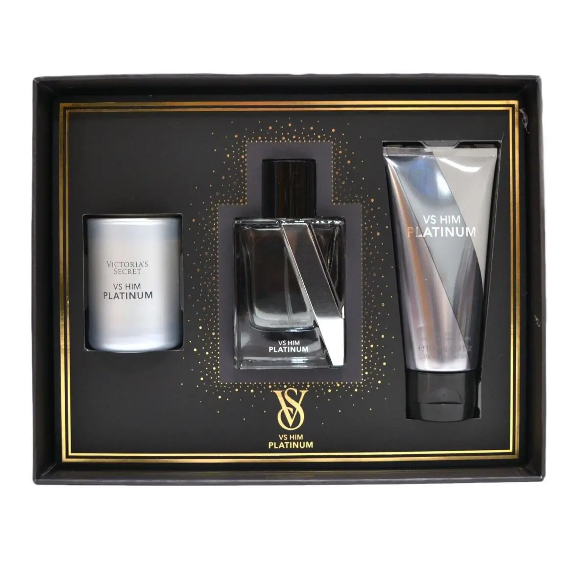 Victoria`s Secret Vs Him Platinum 3 Piece Eau De Parfum Gift Set Lotion Candle