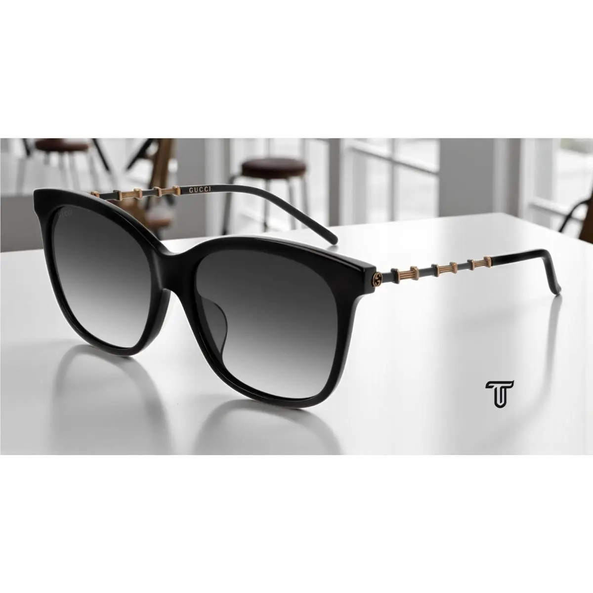 Gucci GG0655SA 001 Square Black Black Gold Grey 56 mm Women`s Sunglasses