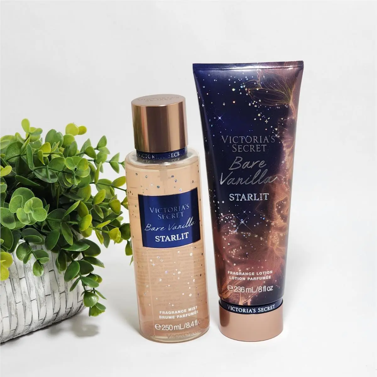 Victoria`s Secret Bare Vanilla Starlit Body Mist Spray Body Lotion Set of 2
