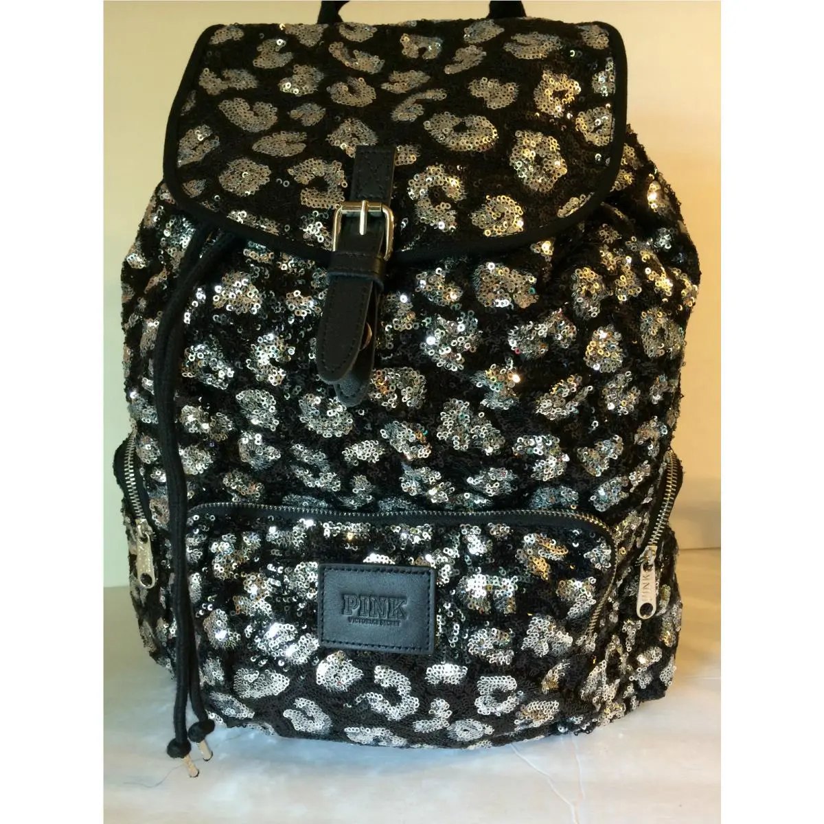 Victoria`s Secret Pink Backpack / Tote Bag Black / Silver Sequin Nip Fullsize